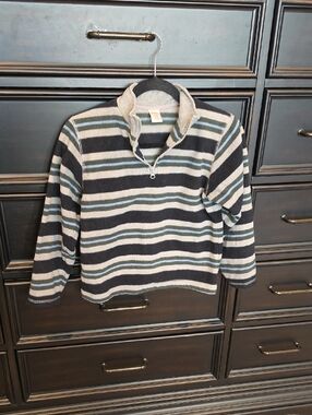 Boy's Striped Quarter-Zip Sweater - Black, Gray & Blue - Size Medium (7-8)